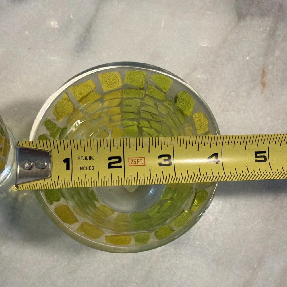 Set‎ Of 2 Vintage Hurricane Mosaic Green/yellow Glass Candle Holders ES003